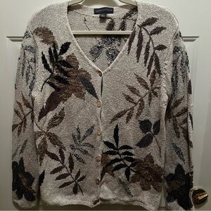 Northern Isles Leaf Pattern Cardigan Beige Brown Medium Cotton Linen